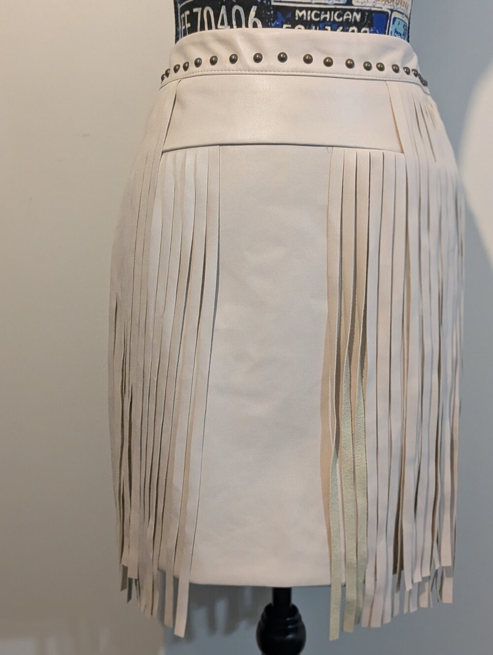 Rockin 'C' Studded Faux Leather Cream Shingles Skirt